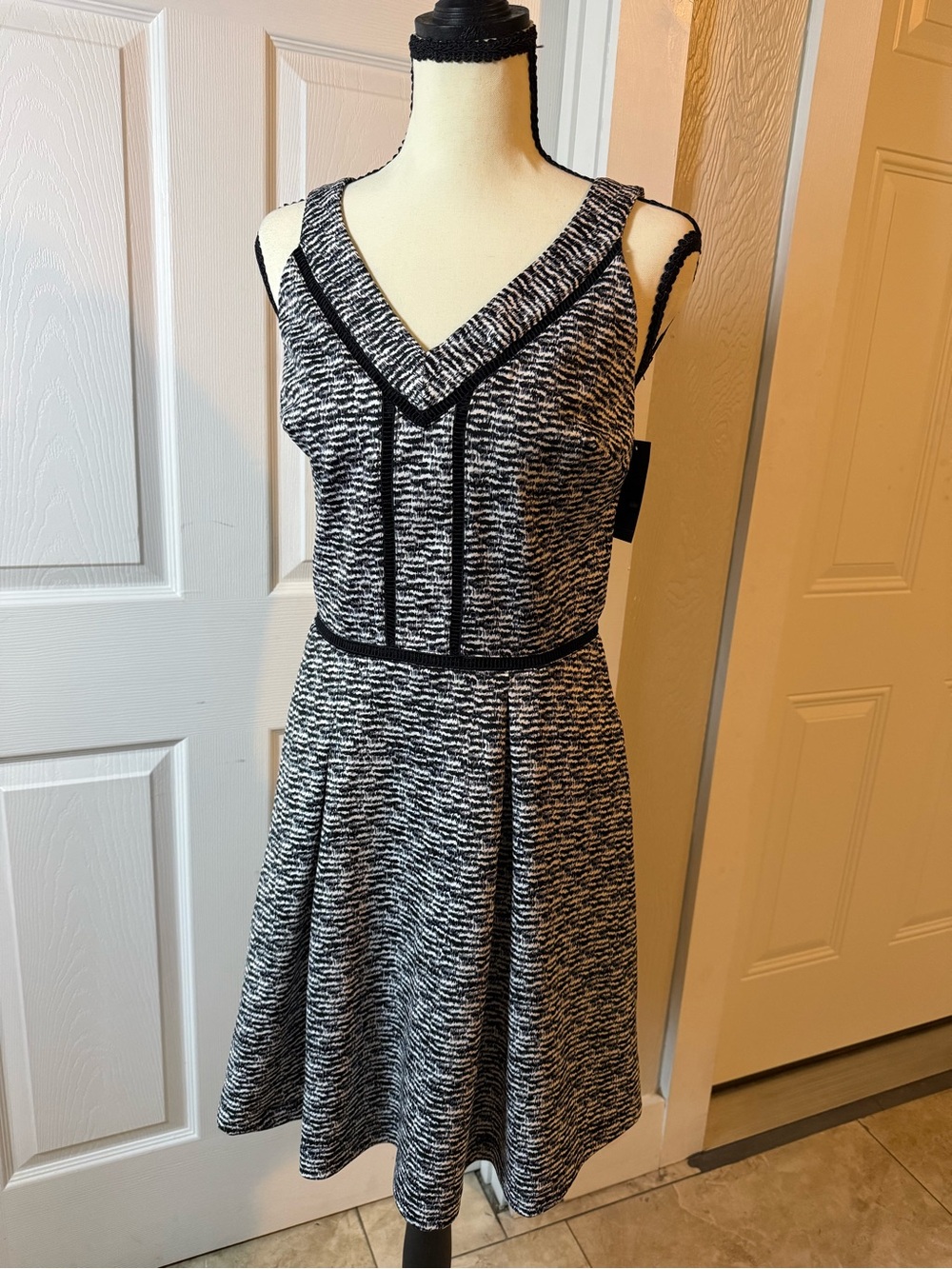 Massimo Black & White V-Neck Fit-and-Flare Dress